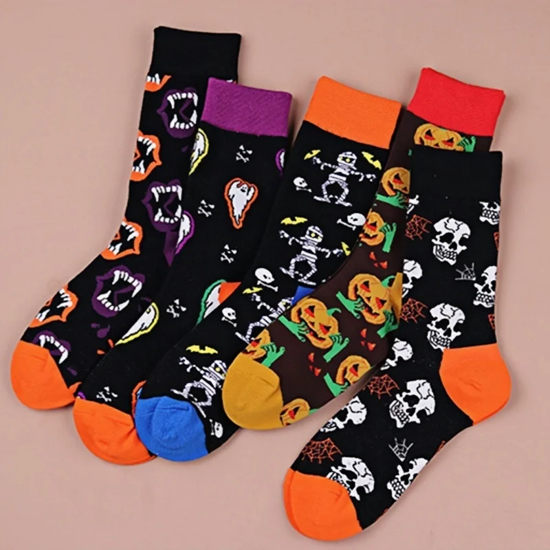 5 Pairs/Lot Halloween Weird Skull Ghost Pumpkin Print Socks Festival Party Cosplay Costume Mid Calf Socks Unisex Novelty Socks