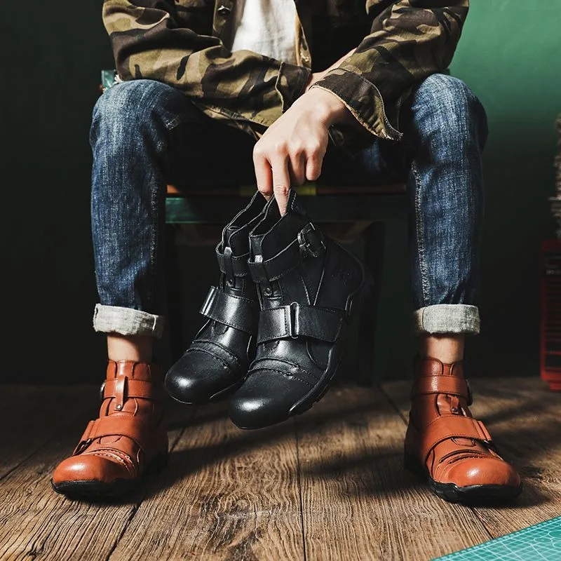 Fashion Men's Genuine Leather Motorcycle Boots High Top Casual Shoes Punk Western Cowboy Ankle Strap Hook Loop Riding Boots