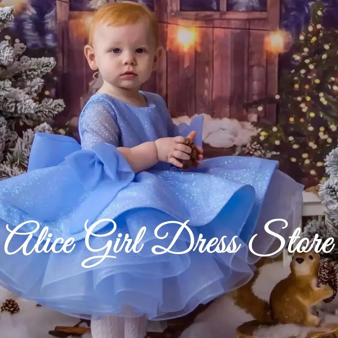 

Customized Blue Flower Girls Dresses for Wedding With Bows Knee Length Girl Pageant Dress Baby Kids Party Birthday Gowns