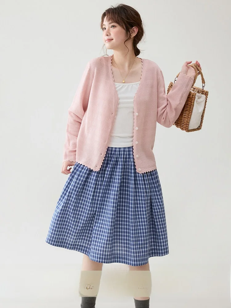 

AMUU Оригинальный женский летний трикотажный джемпер с кружевной отделкой, длинным рукавом, V-образным вырезом, на одной пуговице, в корейском стиле, свободного кроя, для кондиционированных помещений