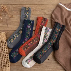 Ethnic Style Women's Socks Floral Embroidery Harajuku Retro Vintage Streetwear Long Socks Women Japanese Style kawaii Cute Socks