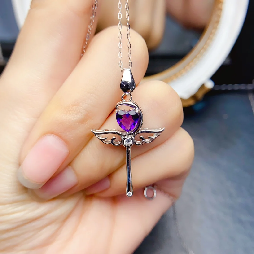 FS 6mm Natural Amethyst SettingS925 Sterling Silver Magic wand Pendant Necklace Fine Fashion Charm Jewelry for Women MeiBaPJ