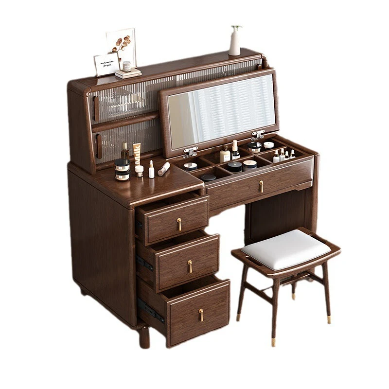 Solid wood dresser, walnut small apartment, clamshell storage, storage dressing table, dual-purpose one, with mirror