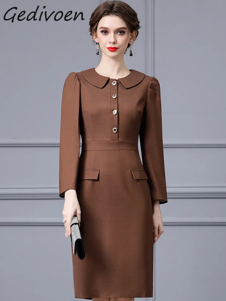 Gedivoen Autumn Fashion Designer Black Vintage Dress Women's Lapel Long Sleeve Button Holiday Party  High Waist Slim Midi Dress