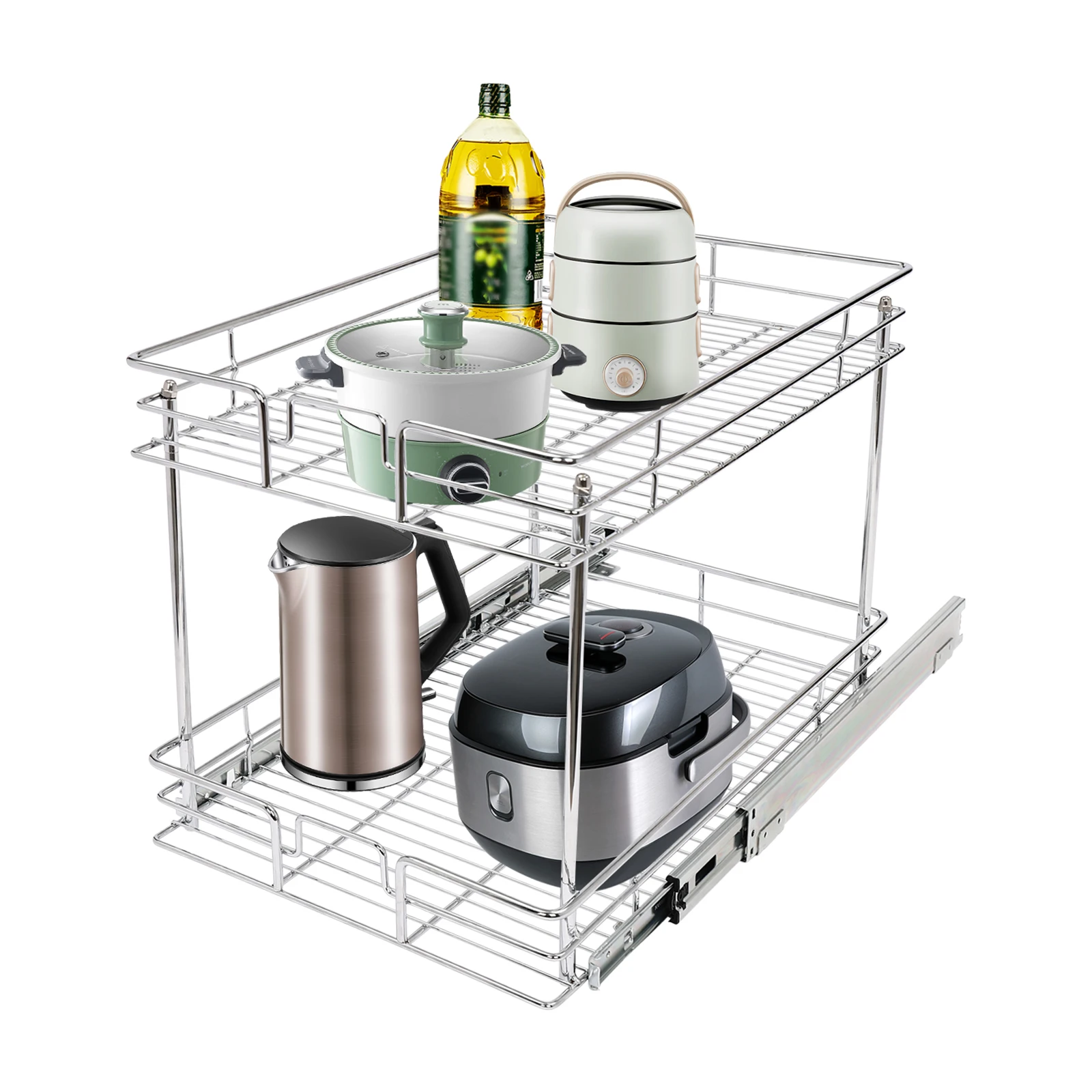 

2-Tier Cabinet Pull Out Shelves 13.5″W x 21.5″D Lower Sink Kitchenware Storage Kitchen Storage Shelf Storage Rack Chrome Wire