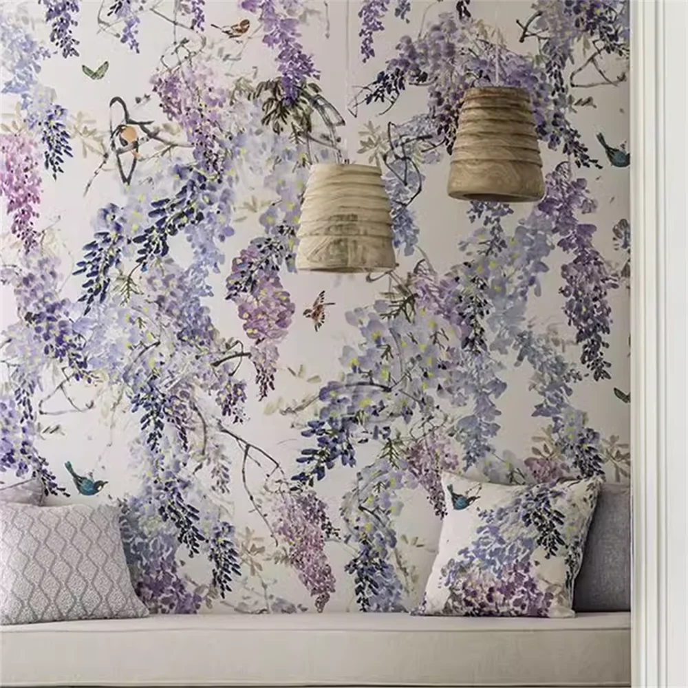 

custom Wisteria wallpaper home decor TV background purple pattern bedroom wallpaper entire sheet flower waterproof wall sticker