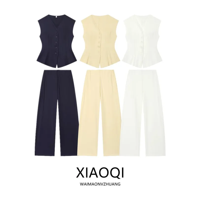 Autumn 2026 Women's Sleeveless V-Neck Waist-Cinched Double-Faced Button-Up Vest Pants Set Fashionable Elegant Workwear