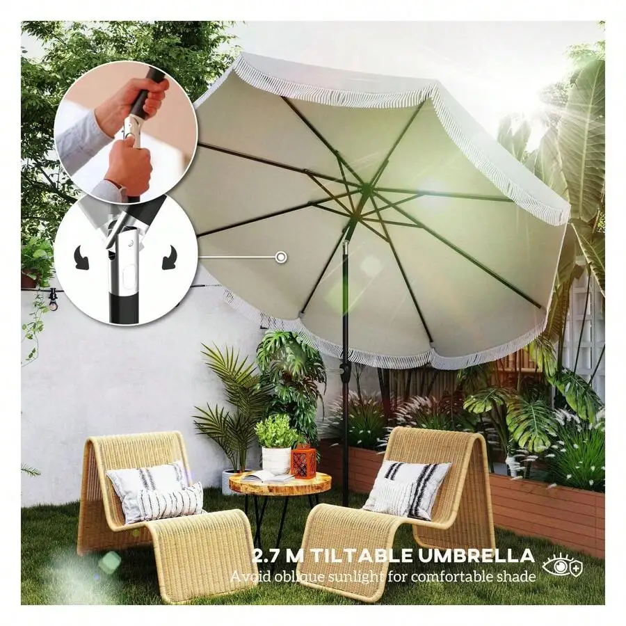 

2.7M Tiltable Patio Umbrella With Crank, 8 Ribs Vented Sun Shade, Light Gray