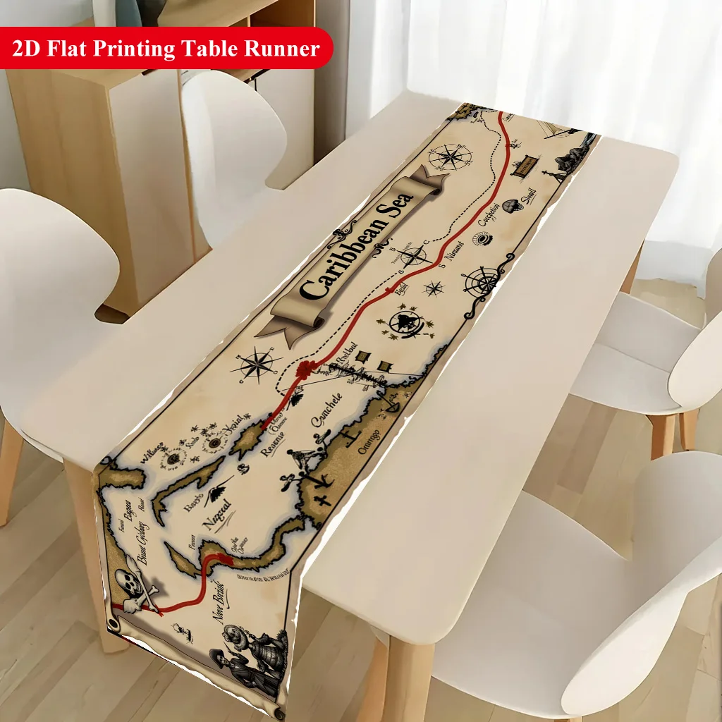 Caribbean Pirate Map Scene Table Runner - Rectangular Table Cover for Banquet, Party Gifts, Dining Room & Coffee Table Decor