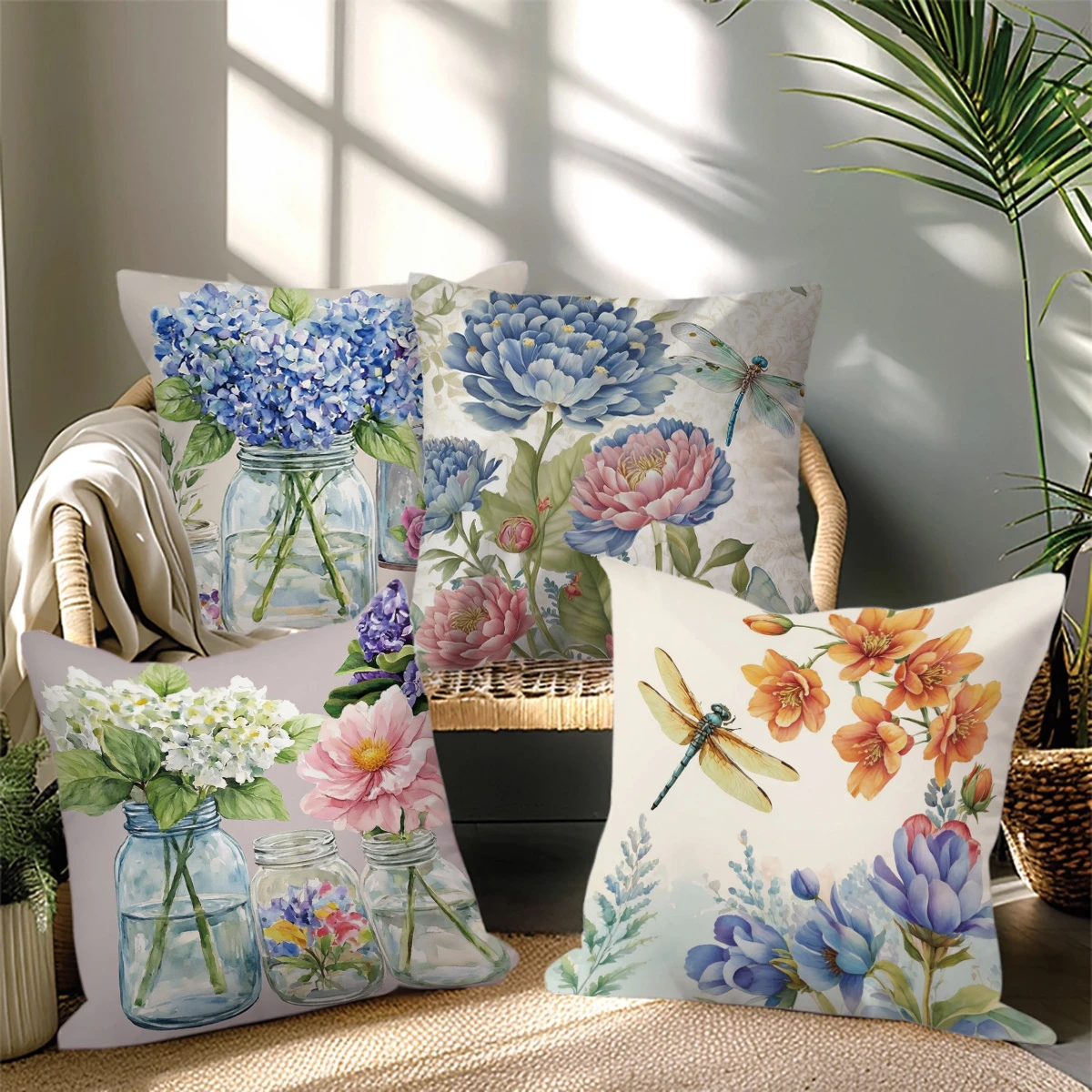 4pc Watercolor Floral Throw Pillow Covers Vintage Flower Dragonfly Decorative Pillow Cases for Sofa Bedroom Living Room