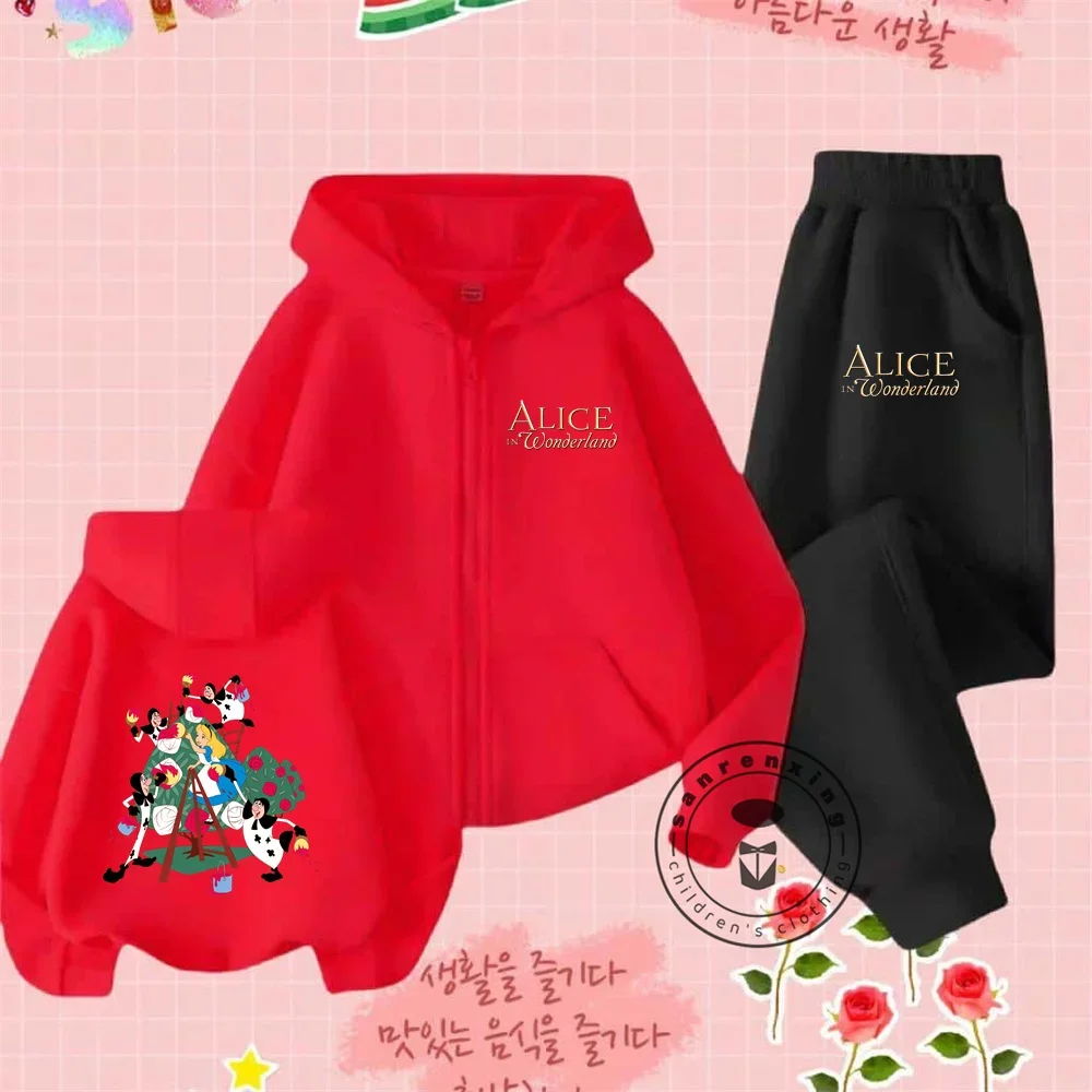 Geweldige Alice in Wonderland Kinderen Rits Hoodie Set Disney Cartoon Print Herfst en Winter Sweatshirt met lange mouwen Jongens