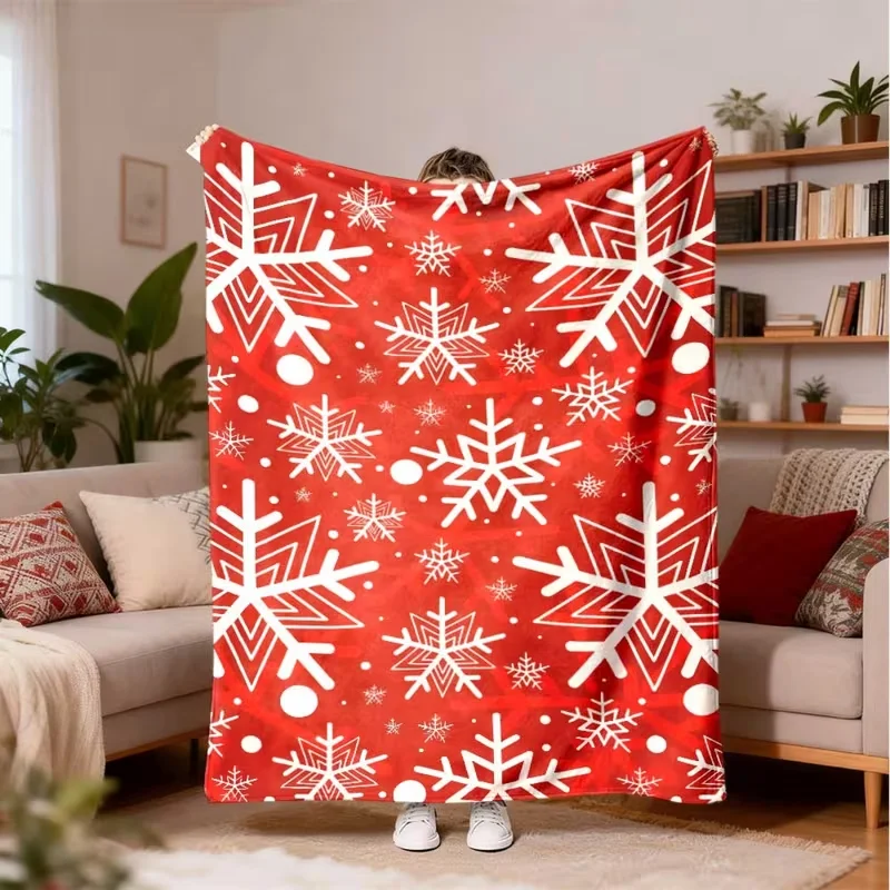 Red White Snowflake Christmas Blanket Geometric Winter Snow Print Soft Warm All Season Blanket For Family Bedroom Couch