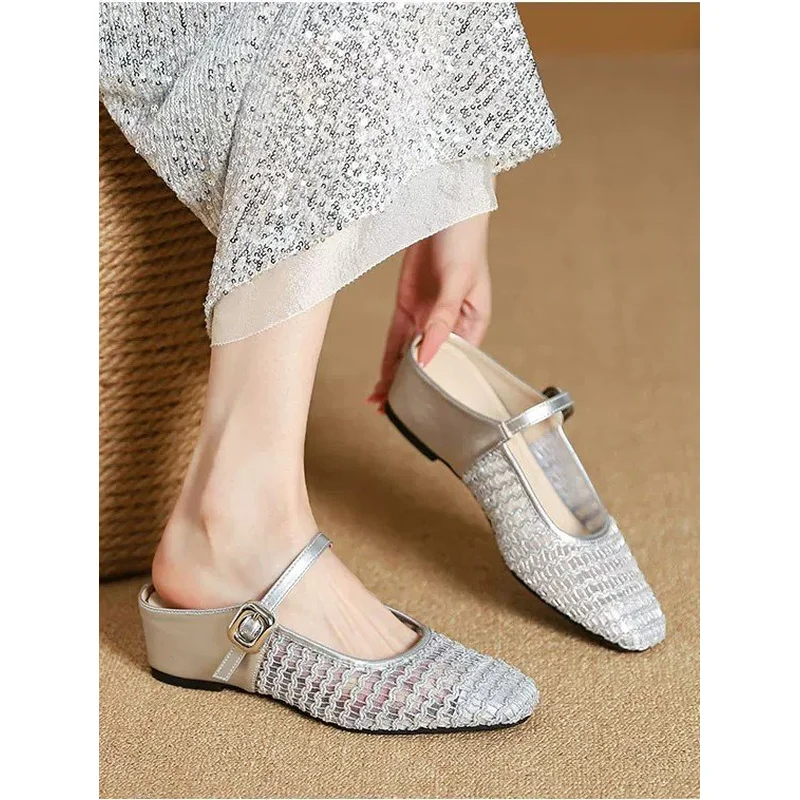2026 New White Woven Mesh Mary Jane Mules Square Toe Hidden Heel Wedge Sole Balletcore Comfortable Commute Daily view 4
