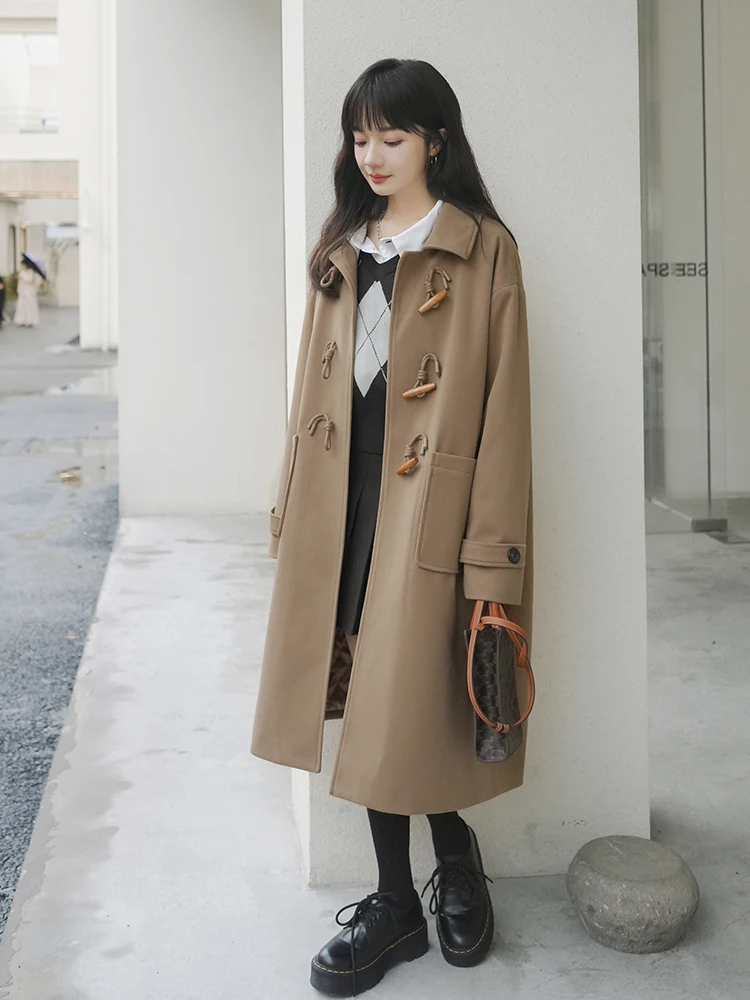 

Autumn Winter Women Wool Coat England Style Lapel Collar Horn Buttons Loose Woolen Jackets Female Fashion Solid Outerwear