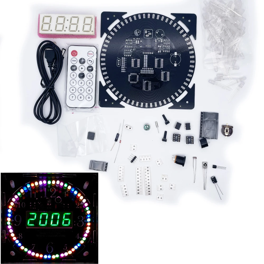 diy electronic clock kit RGB colorful LED green digital tube temperature remote control music spectrum 12/24H with shell