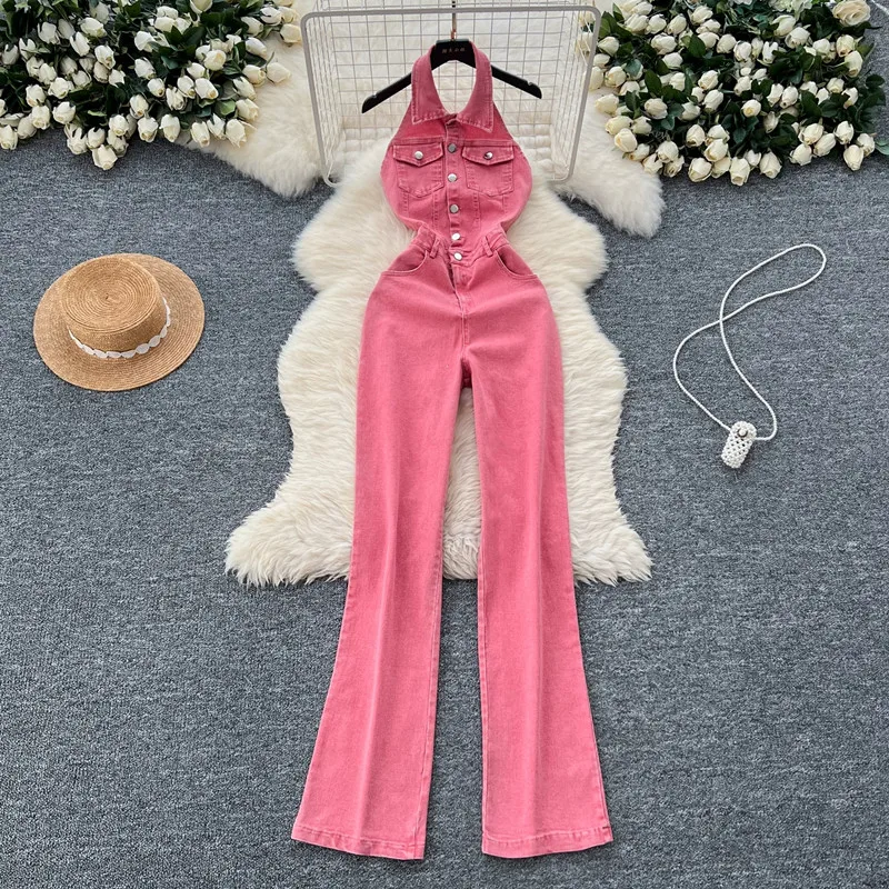 

2025 Summer Women Jean Jumpsuit Collar Hanging Neck Single Breasted High Waist Overalls Slim Fit Backless Denim Jumpsuits Outfit