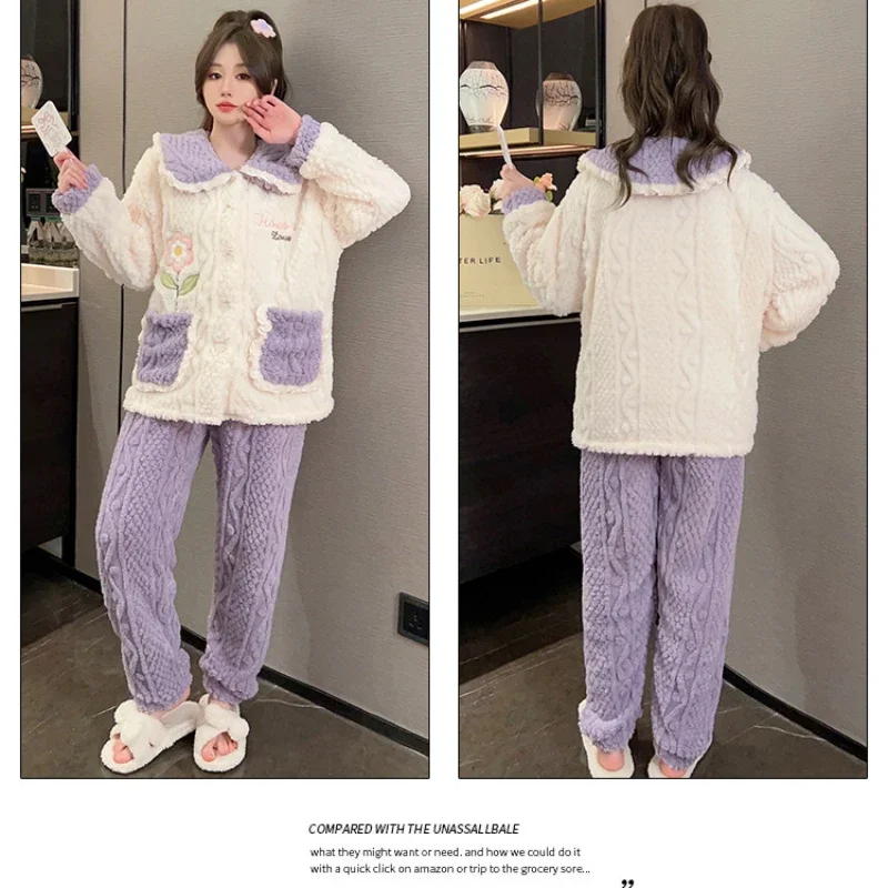 5XL Women Winter Warm Pajama Set Oversized Coral Fleece Sleepwear Flannel Thick Cartoon Sweet Top and Trouser Suit Home Clothes