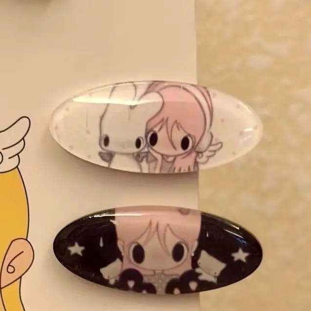 2Pcs INS Angel Girl Cartoon Hair Clip Set Star White Rabbit Print Oval Acrylic Side Barrettes Hairclips For Women Girls Jewelry - view 3