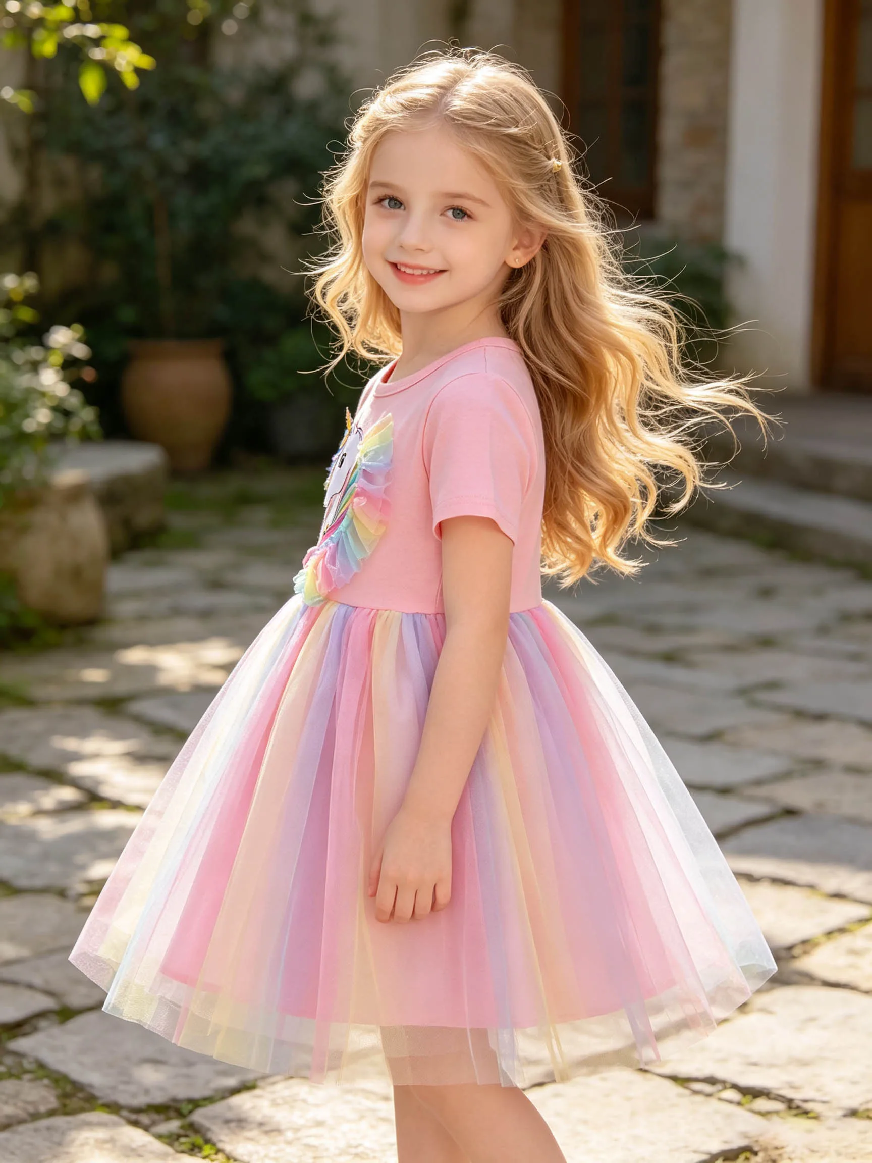 Peach Pink Unicorn Girls' Summer Outfit, Crew Neck Short-Sleeve Gradient Rainbow A-Line Tulle Princess Dress