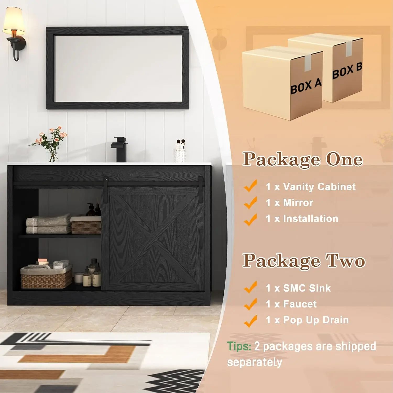 Bathroom Vanity With Sink And Mirror, Freestanding Wood Washstand Storage Cabinet Combo With Faucet And Sliding Barn Door, Modern Farmhouse Single Sink Vanity Set With Drawers, Wood Grain Black view 3