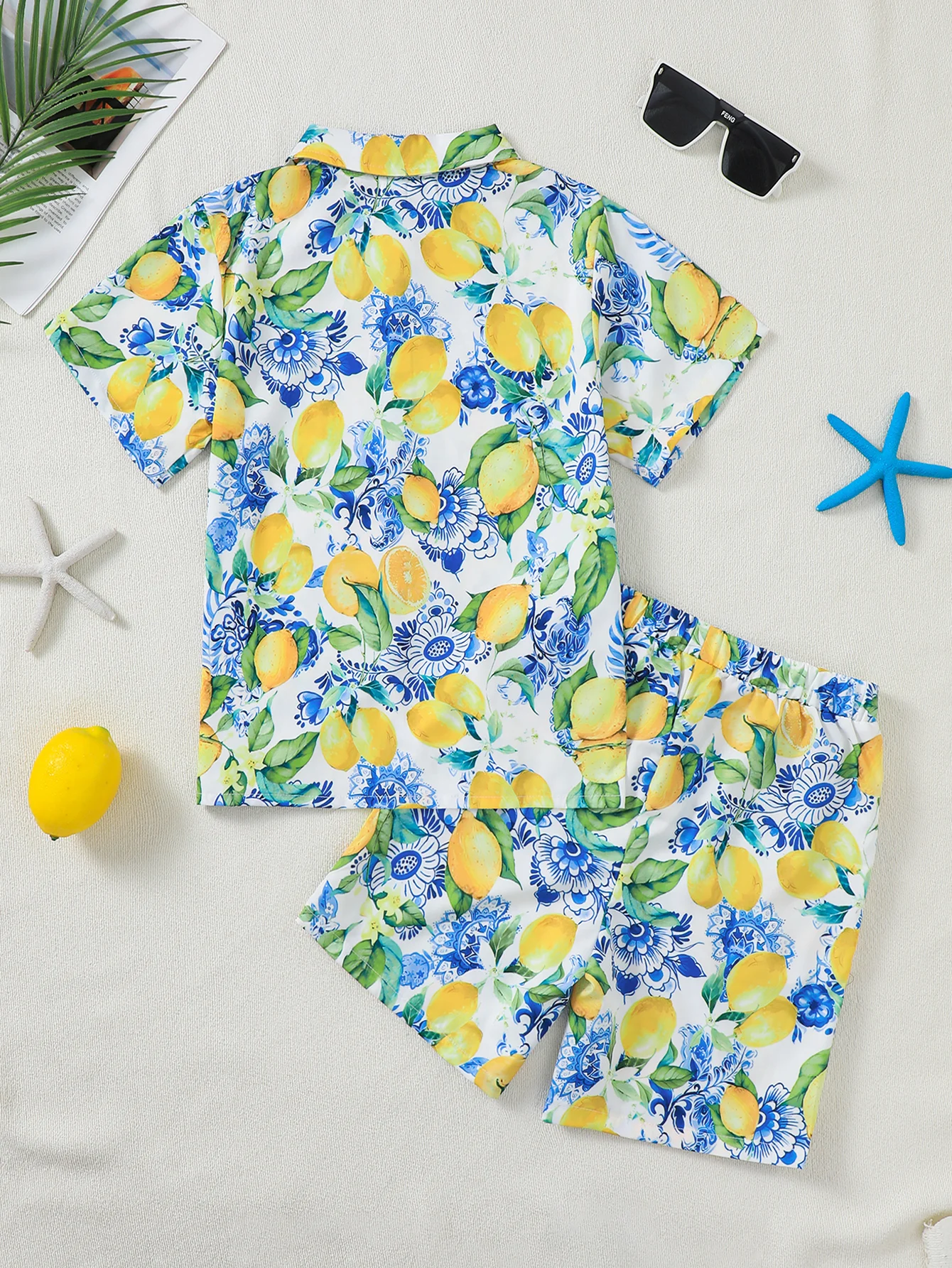 Tropical Rainforest Lemon Print Boys' 2-Piece Set Beach Shirt And Shorts Summer Vacation Casual Fashion Outfit for Kids