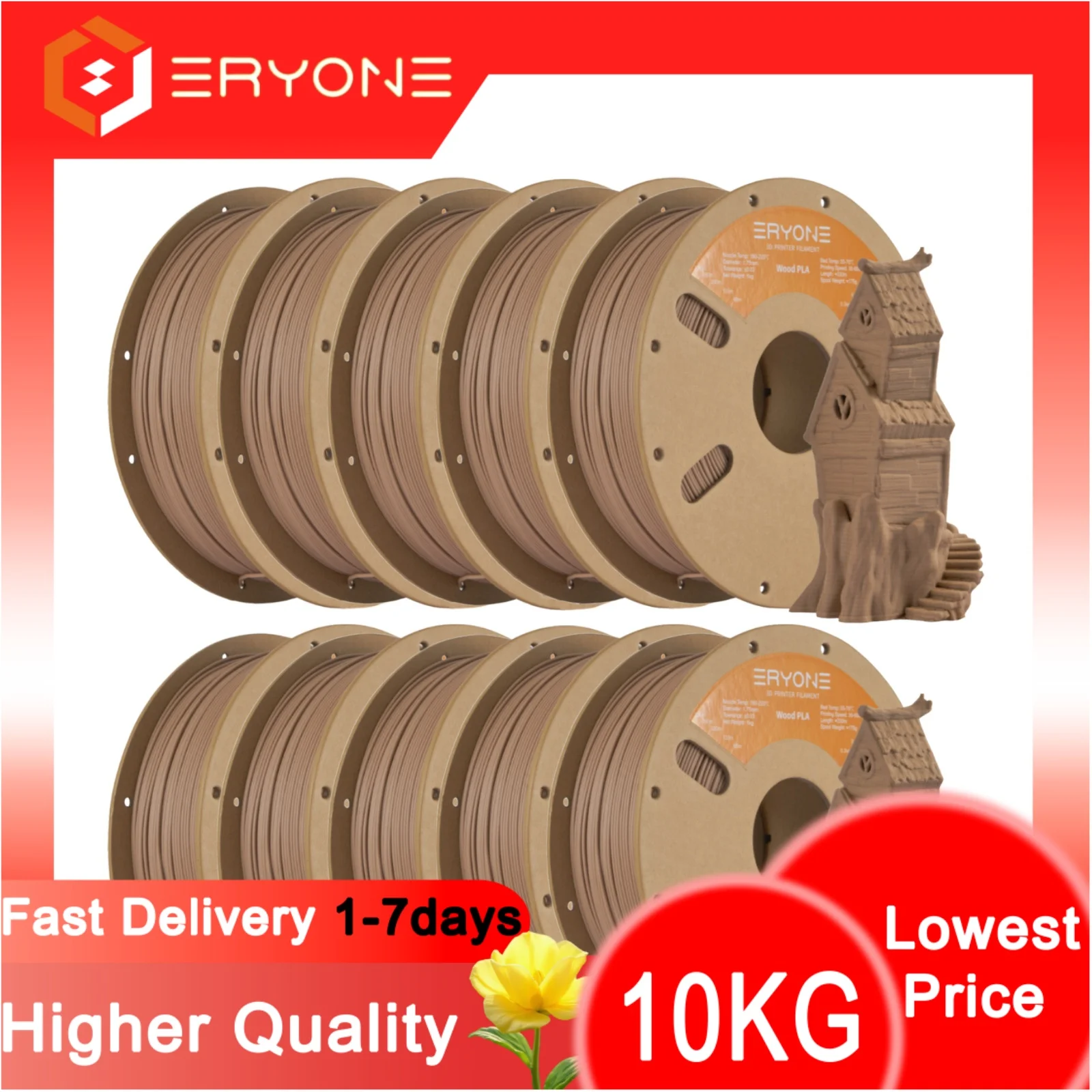 ERYONE 10KG Holz-PLA-Filament für 3D-Drucker, 1,75mm +/- 0,03mm, PLA-Filament 1KG Kartonspule (2,2LBS)