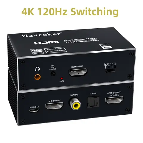 Navceker 4K 120Hz HDMI Switch EARC Audio Extractor ARC Fiber Toslink HDMI 2.0 Switch 4K 60Hz HDMI Switch Remote for Apple TV PS4