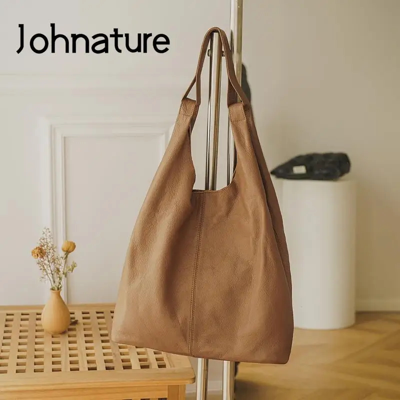 Johnature Casual Commuter Women Bag Genuine Leather 2024 New Versatile Large Capacity Soft Real Cowhide Shoulder Bags