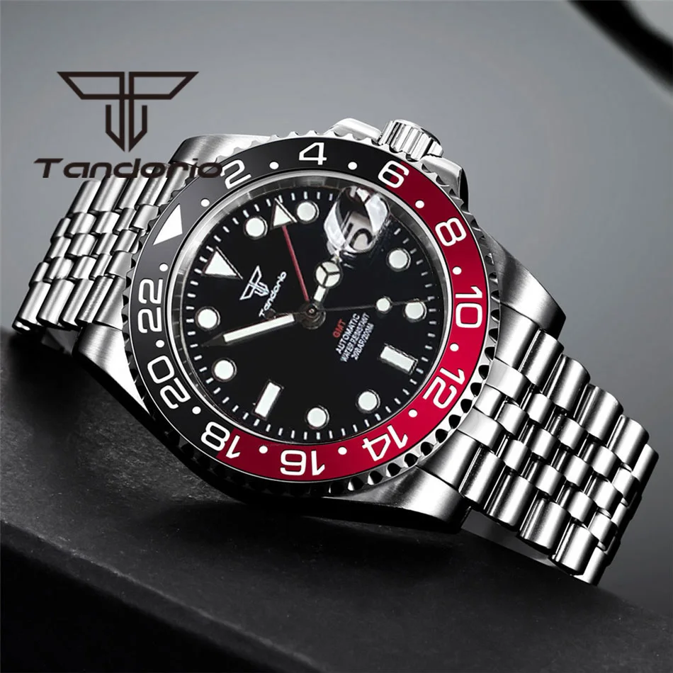 Tandorio-Reloj de pulsera automático NH34A GMT para hombre, resistente al agua, 200m, bisel giratorio de 120 clics, cristal de zafiro, corona de