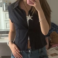 Chemisier court ajusté à rayures vintage pour femme, chemise boutonnée à manches courtes, col chemise, élégante pour le bureau 5