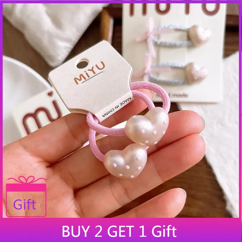 Nueva Tendencia 2025, Venta Caliente, Pasadores de Pelo Infantiles con Lazo Rosa Claro, Perlas y Corazones, Estilo Japonés, Dulces y Versátiles, Elásticos para el Cabello