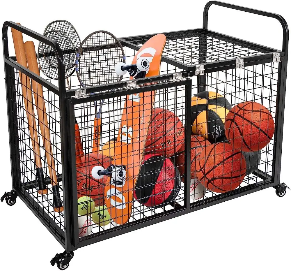 블랙 메탈 롤링 멀티 스포츠 볼 케이지 스토리지 호퍼 체육관 장비 바구니 카트 박스 농구 벽 스토리지 랙
