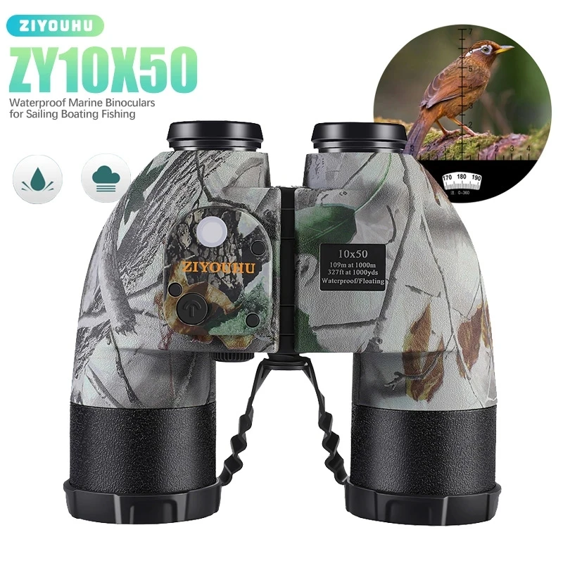 10X50 Waterproof Telescope with Compass Binoculars for Hunting Coordinate Ranging Military Low Light Night Vision Autofocus