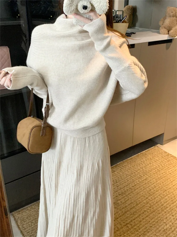 winter two piece dress set Winter Bodycon Knit Ribbed Women Sweater Two Piece Skirt Set Coldker