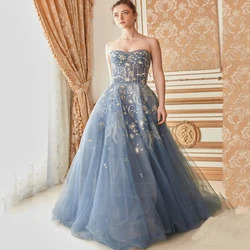 Classic Prom Dresses Sexy Strapless Sleeveless Open Back Elegant A-line Sweep Train Women Fashion Evening Party Gown