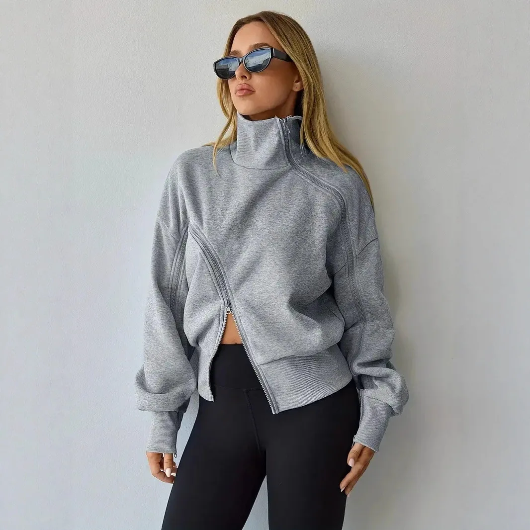 Fashion Zip Up Color Block Stand Collar Crop Sweatshirt Trendy Half Turtleneck Tops