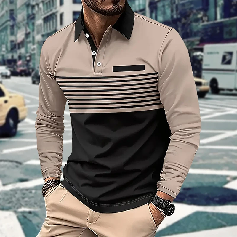 New Men's Business Casual Button Polo Long Sleeve T-Shirt Spring and Autumn 3D Stripe Printing Comfortable and Breathable Tops