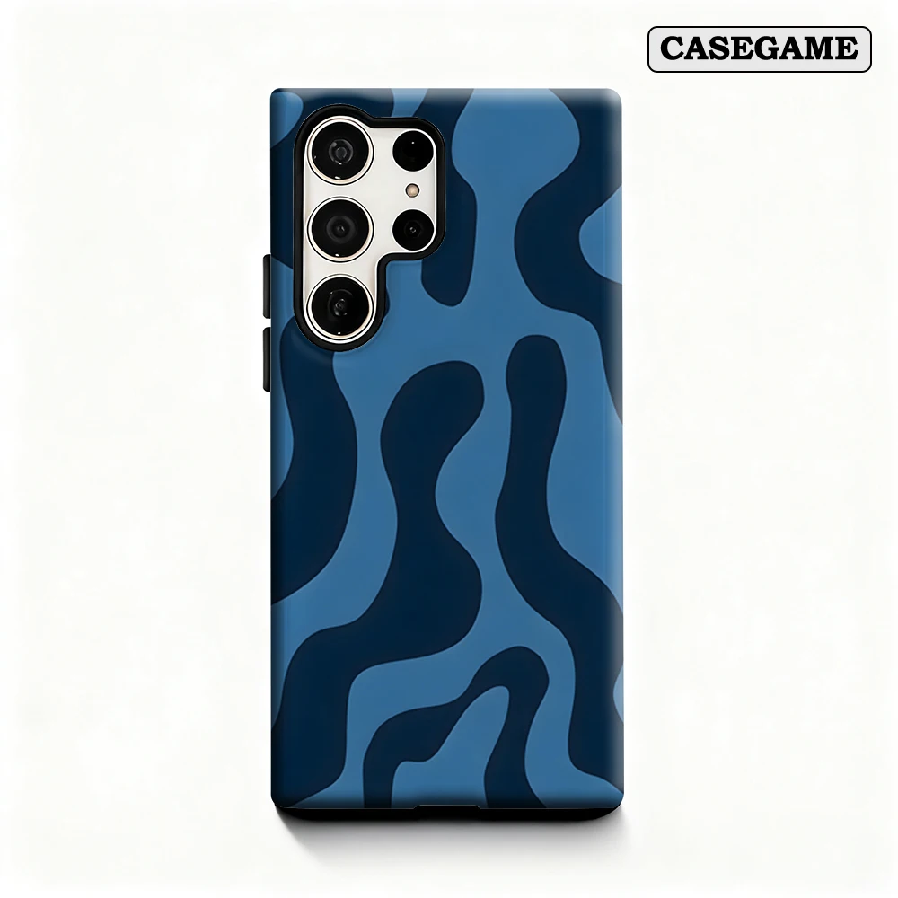 Casegame Phone Case for Samsung Galaxy S25 S26 Ultra S24 S23 Ultra Plus Shockproof Double Layer Deep Blue Abstract Waves Cover