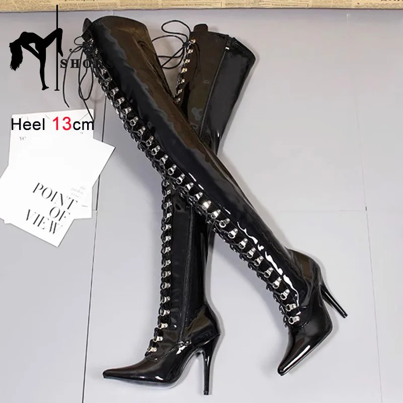 Over The Knee Boots Women High Heels Autumn Winter Sexy Pointed Toe Shoes Nightclub Queen Big Size 45 Side Zip Thigh Heels Boots