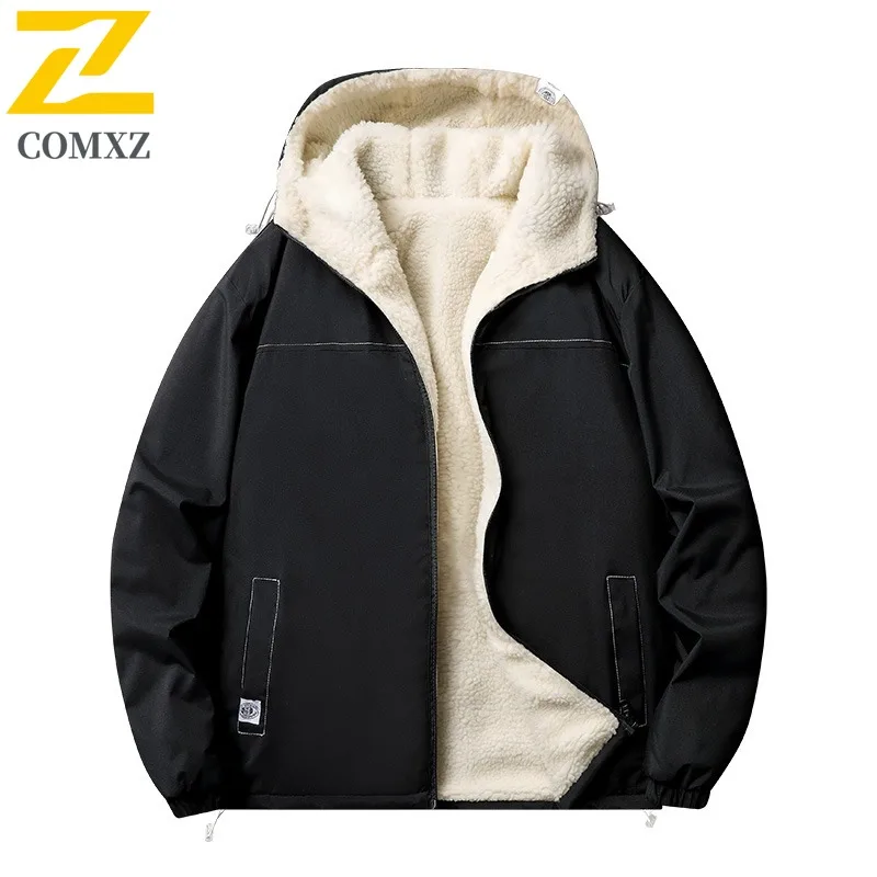 COMXZ 2025 Mens Winter Sherpa Lined Thick Hooded Cotton Jacket Loose Fit Korean Style Waterproof Streetwear Coat windbreaker