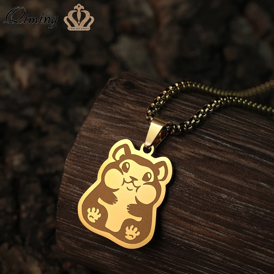 QIMING Chubby Cheek Hamster Pendant Necklace Women Gilrls Stainless Steel Cute Animal Cartoon Jewelry Gold Necklace 