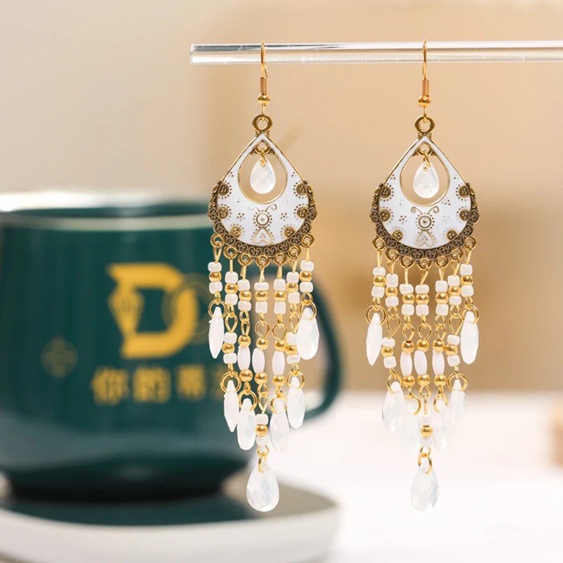 Bohemian Ethnische Lange Antik Gold Farbe Emaille Wasser Tropfen Ohrringe für Frauen Bunte Reis Perle Quaste Ohrring Pendientes Mujer – Detail 7