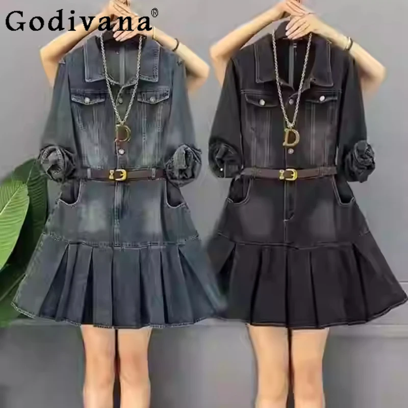 

Spring Large Size Korean Age Reduction Pleated Leisure Dress Fashion Women High Waist A-line Versatile College Denim Dresses