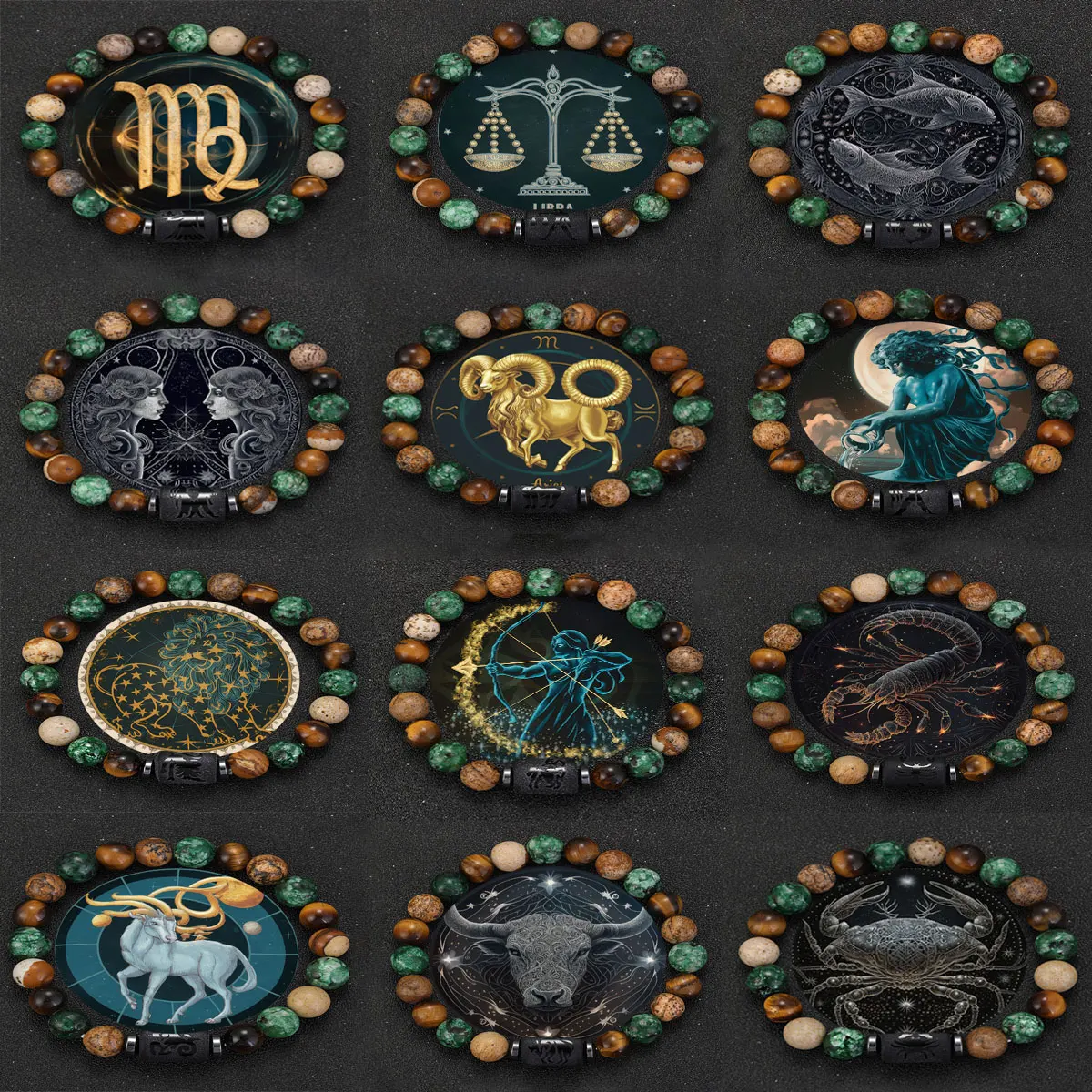 

12pcs/set Natural Stone Zodiac Bracelets 8mm Friendship Family Lucky Safe Bracelets Jewelry Wholesale Dropshipping Holiday Gifts