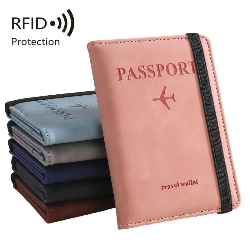 Pink PU Leather Strap Passport Bag RFID Passport Holder Protective Case Traveling Abroad Wallet Cards Storage Tickets Purse Bags