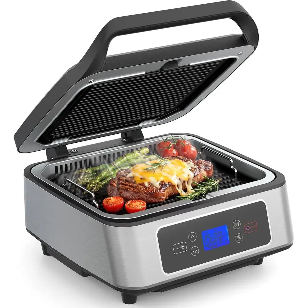 

Электрический гриль для дома, 1300 Вт, SmokelGrill, с автоматическим поджигом, антипригарная электрическая сковорода-гриль со съемными пластинами, независимый верхний нагрев