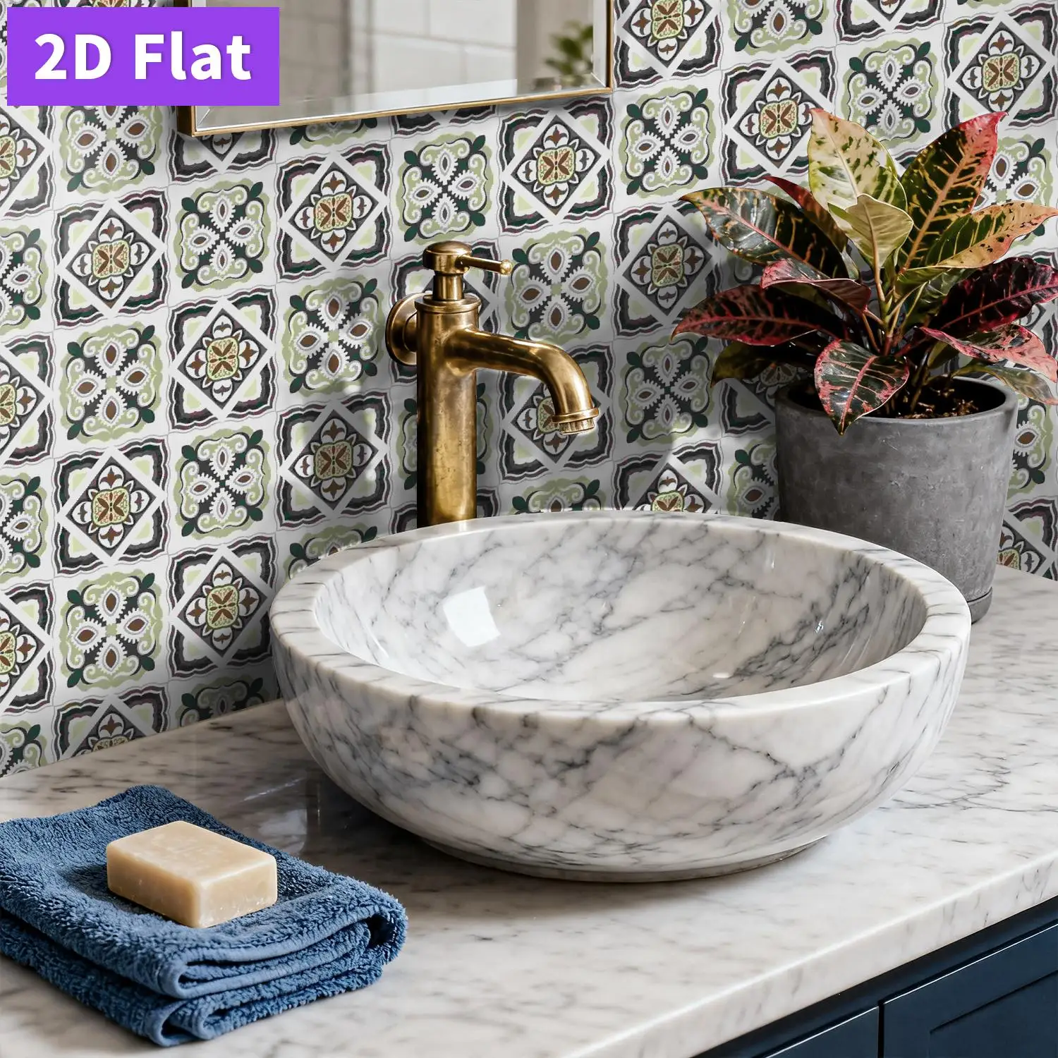 2D tile decals, self-adhesive PVC wall decals, easy to remove, ideal for kitchen backsplashes, bathrooms, and home wall decor.