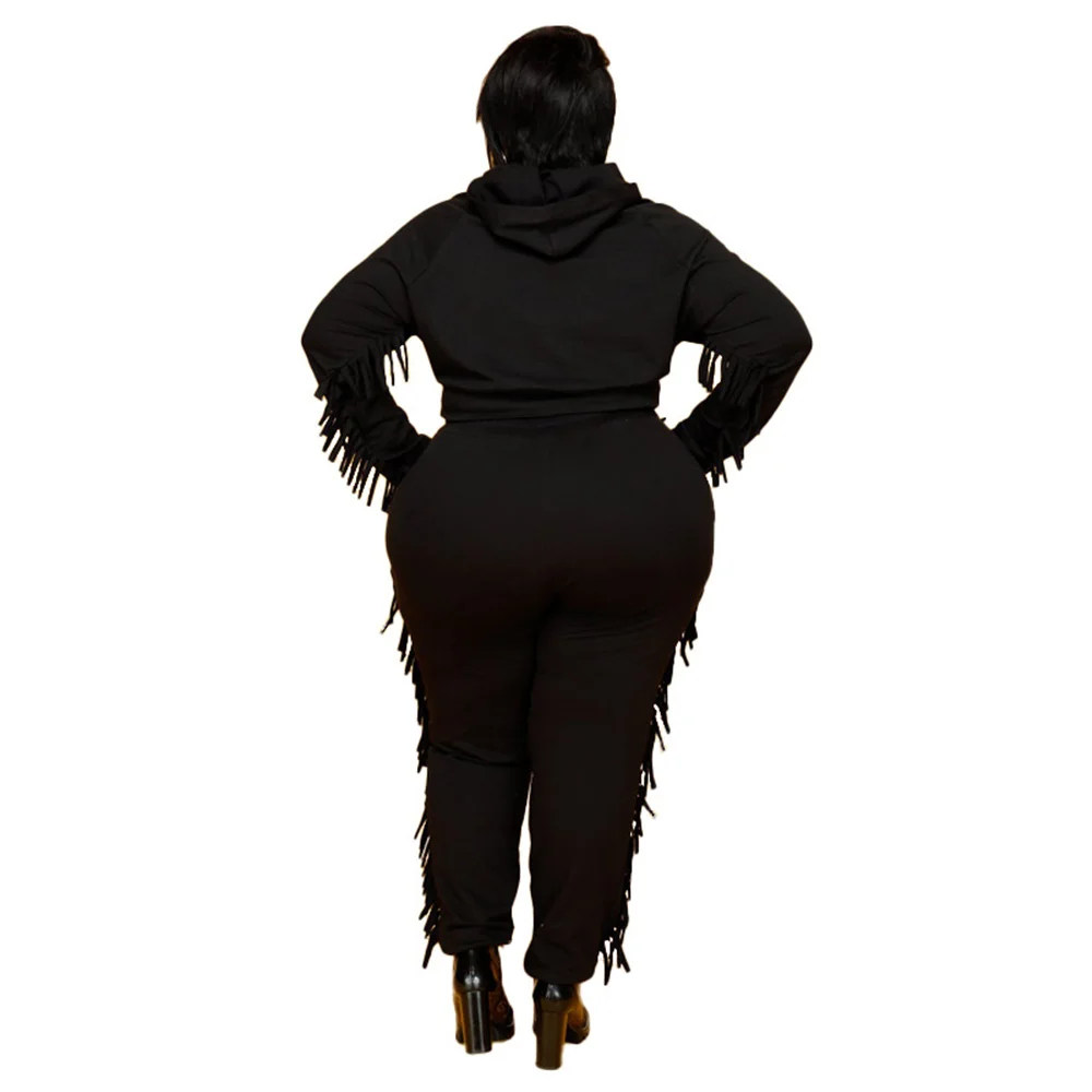 Plus Size Women Fall Clothing Wholesale Hoodie Sweatsuit Solid Long Sleeve Tassel Casual Tracksuit Two Piece Set  Dropshipping