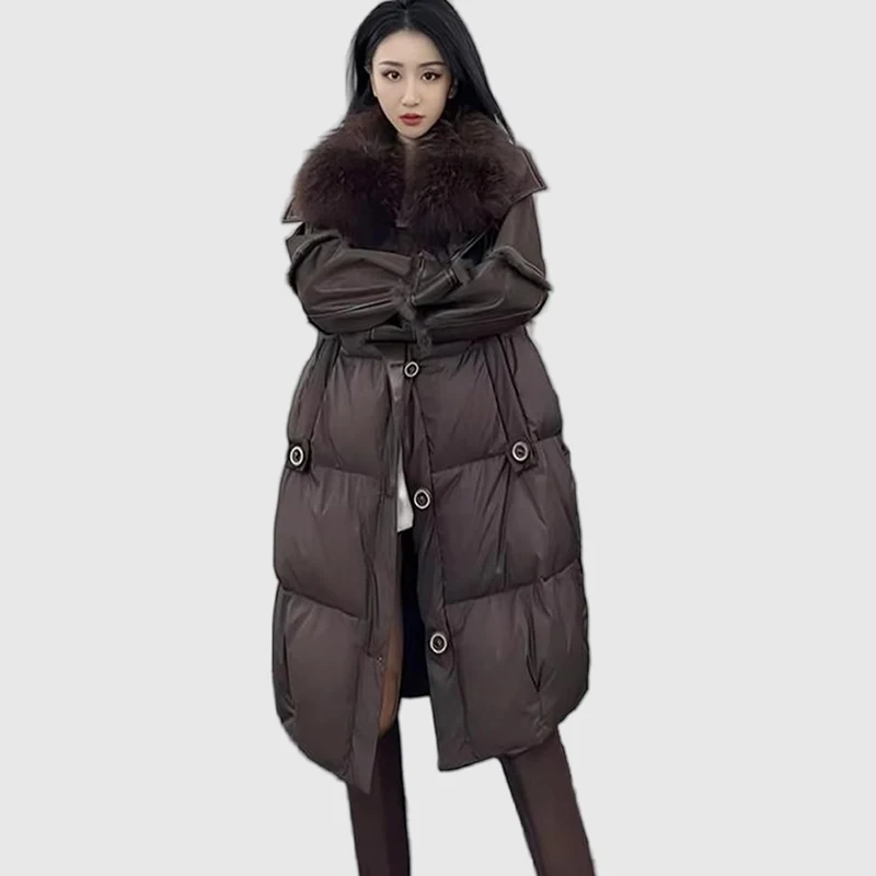 Fur Coat Women Winter 2024 New Down Jacket Real Fur Natural Raccoon V-Neck Natural Rabbit Fur Lining Luxury Long Women\'s Jacket