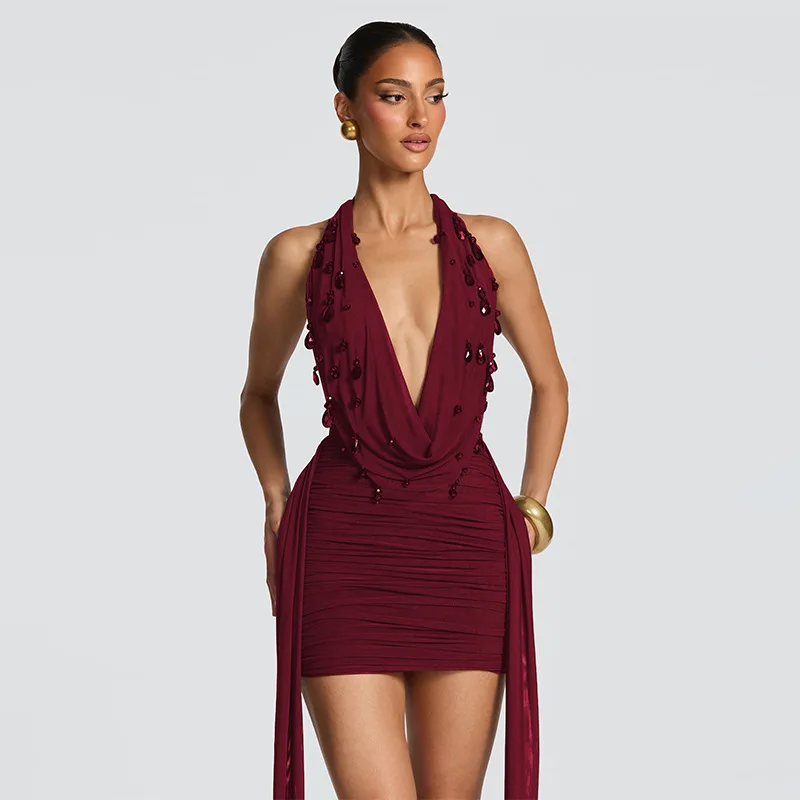 Robe mini froncée à découpes Drip Point Drills pour femme, mode féminine, robes sans bretelles à col en V profond, tendance streetwear, Vestidos